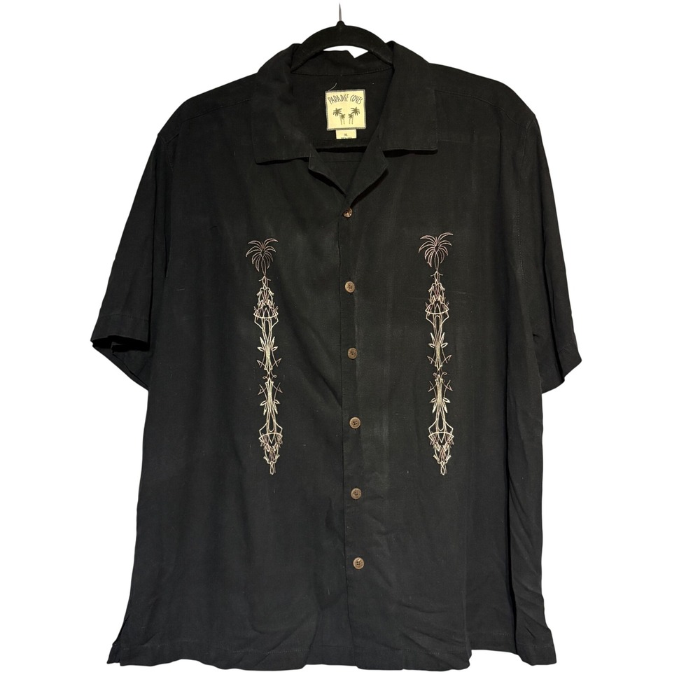 Paradise Cove Shirt Mens XL Black Embroidered Palm Tree Short Sleeve Button Down